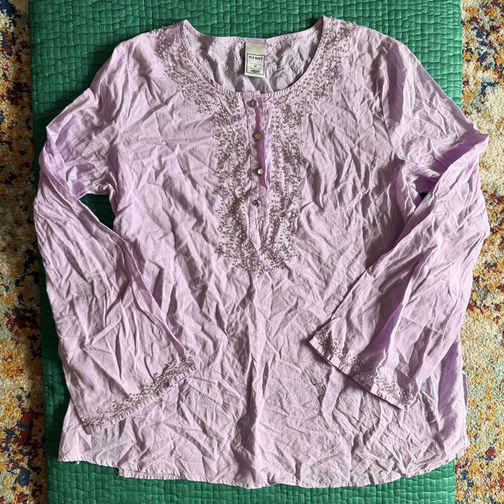 Vintage Old Navy maternity 100% cotton Purple embroidered boho peasant Top M 05’